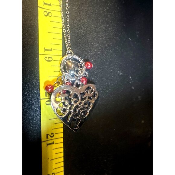 Silver Heart Pendant Necklace & Earrings Set With Red Beads By Paparazzi Jewelry - Picture 4 of 4